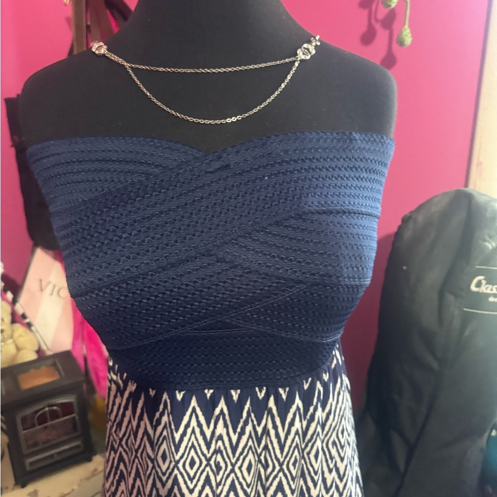 Blue Strapless Dress with Patterned Skirt